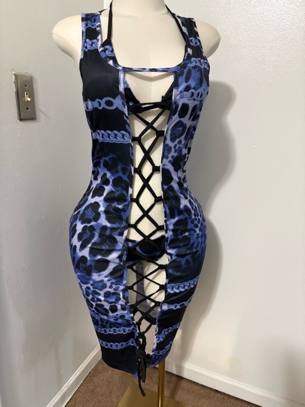 Blue Leopard Lace-Up Cutout Swim Dress Bikini Cover 3pc set NWOT